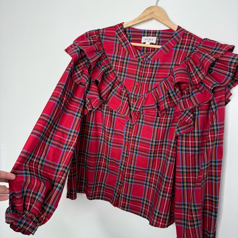 Aura Dramatic Ruffle Tartan Plaid Checkered Blouse in red size large - Picture 8 of 8